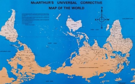 Also known as "An Australian's View of the World," "McArthur's Universal Corrective Map of the World"